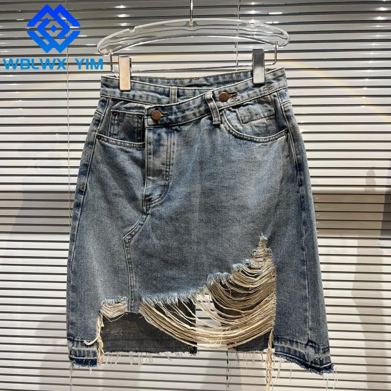2022 New Denim Package Hip Skirt Women Summer Fashion High Waist Ripped Washed Jeans Skirt Asymmetry Loose Short Skirts Female crop top with skirt