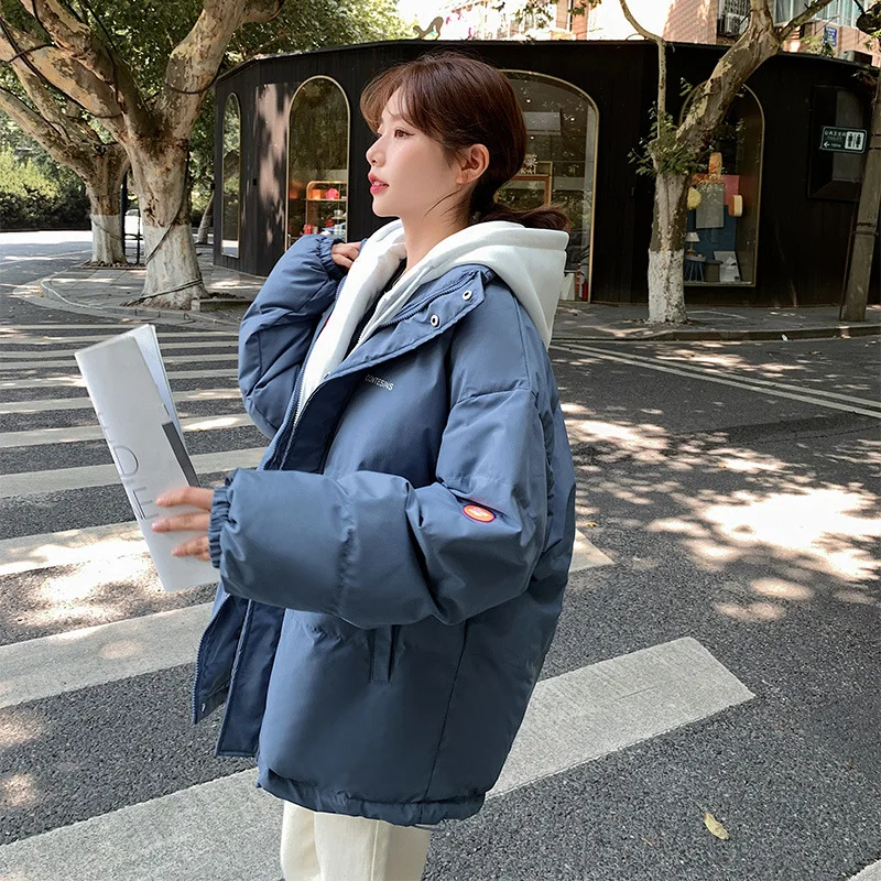 

Women Parkas Long Sleeve Hooded Down Jacket False Two Pieces Korean Pockets Patchwork Outerwear Warm Winter Thicken Zipper