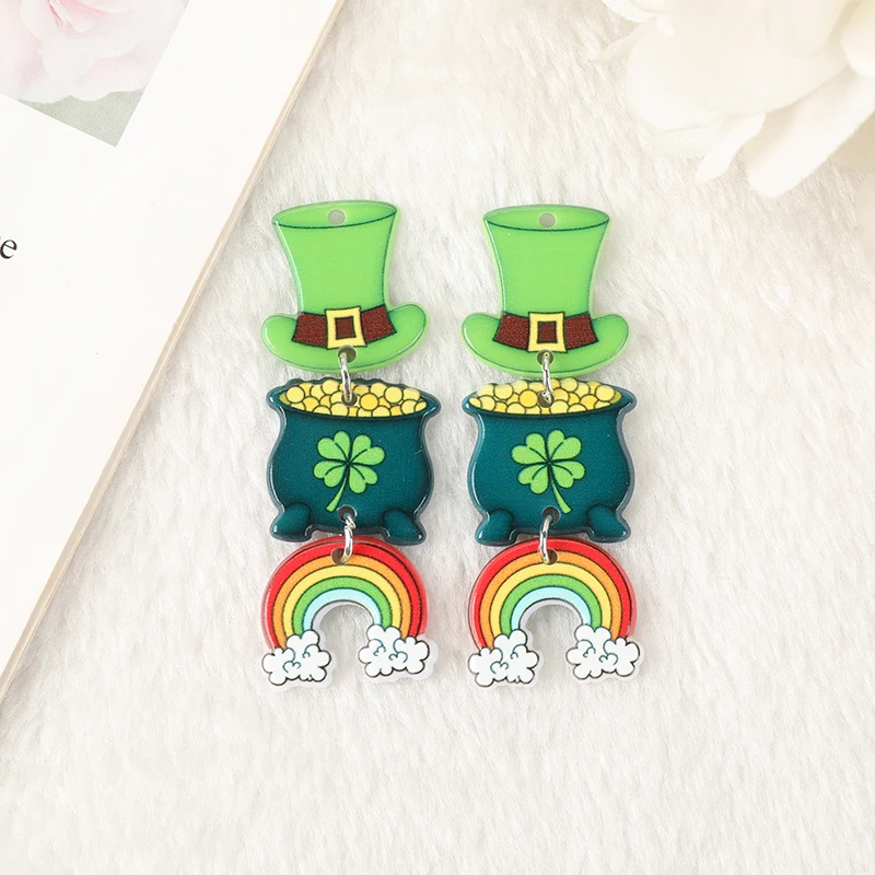 Orecchini A Tema San Patrizio - Vaso D'Oro Con Trifoglio E Arcobaleno - Acrilico Verde E Oro - Gioielli Festivi Per Donne - Con Sacchetto Di Velluto - 3