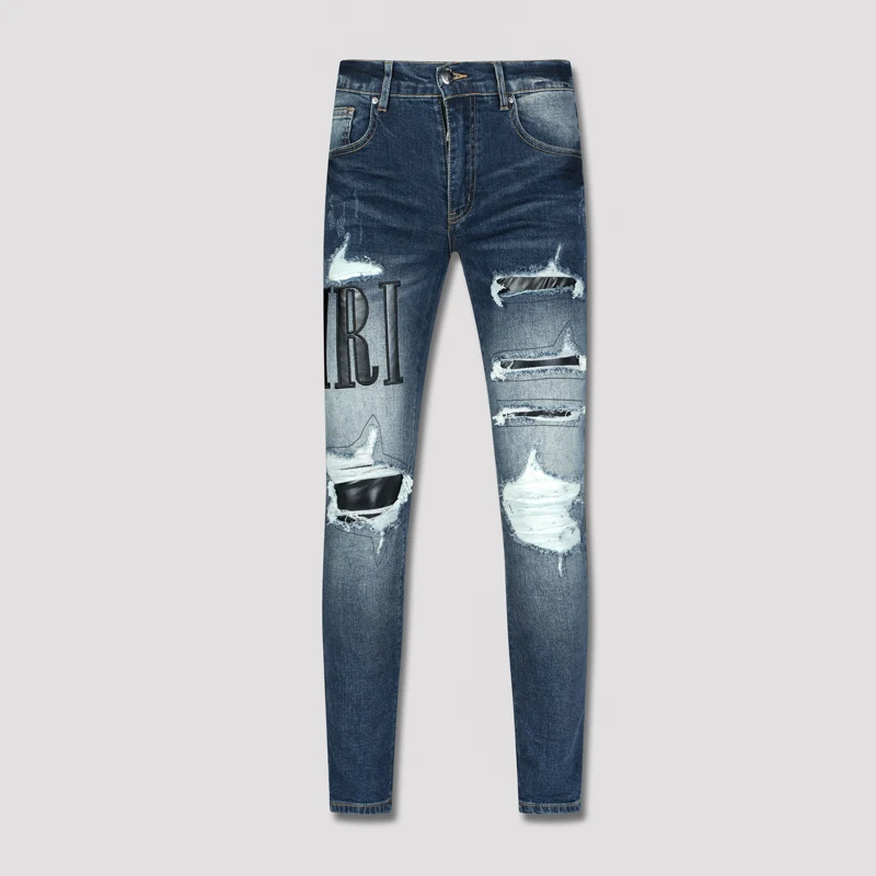 

High Street Fashion Men Jeans Retro Washed Blue Stretch Skinny Ripped Jeans Homme Leather Patch Designer Hip Hop Brand Pants Men