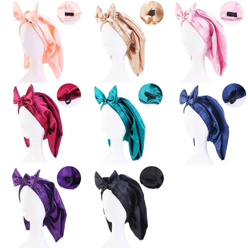 Kawaii Cat Ears Sleeping Cap For Women Silky Satin Bowknot Bonnet Solid Long Hair Night Cap Beauty Hair Care Bonnets Shower Cap 4