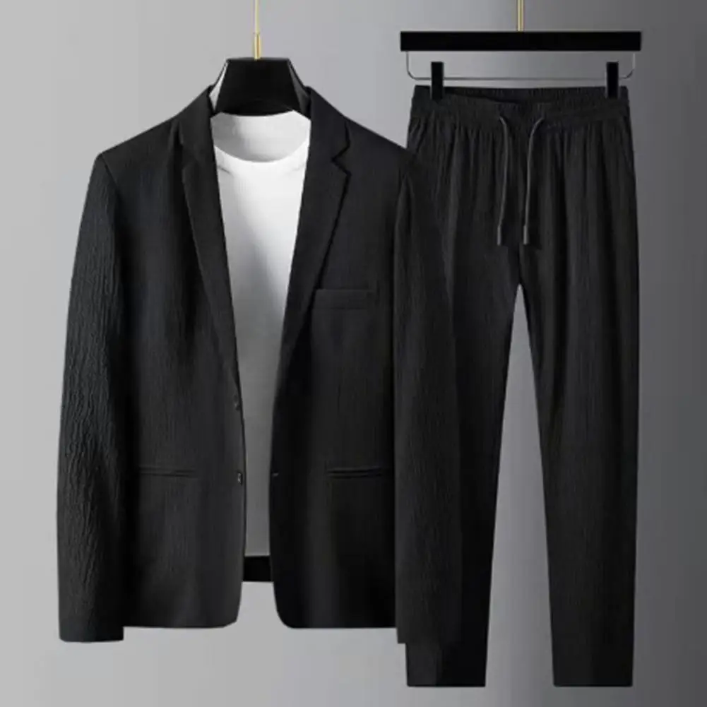 

Men Coat Pants Set Striped Pleated Drawstring Loose Lapel Pockets Thin Outfit Business Style Blazer Trousers Sets ropa hombre