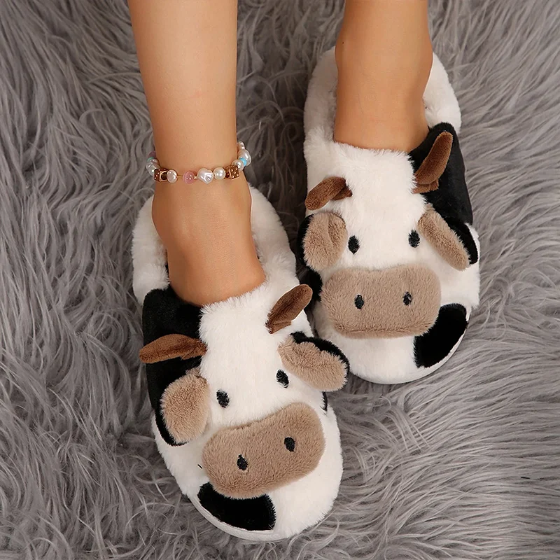 Ladies' Winter Slippers Cute Cartoon Heart Animal Cow Fur Warm Cotton Anti-Slip Home Comfortable Girls' Footwear female slippers