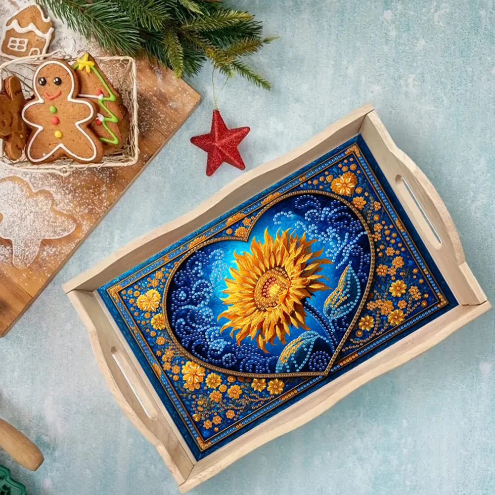 Wooden Beautiful Pattern 5D DIY Diamond Painting Serving Tray with Handle DIY Diamond Painting Food Tray Kit for Coffee Table
