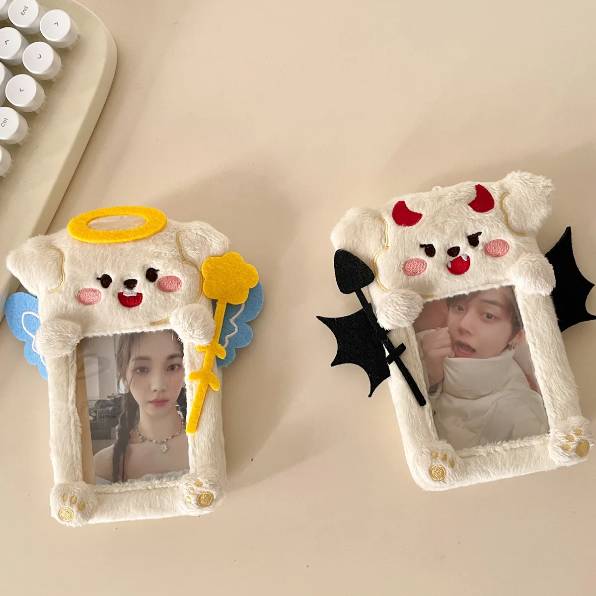 

MINKYS Kawaii Devil and Angel Soft Plush 3 inch Kpop Photocard Holder Photo Card Holder Bag Pendant School Stationery