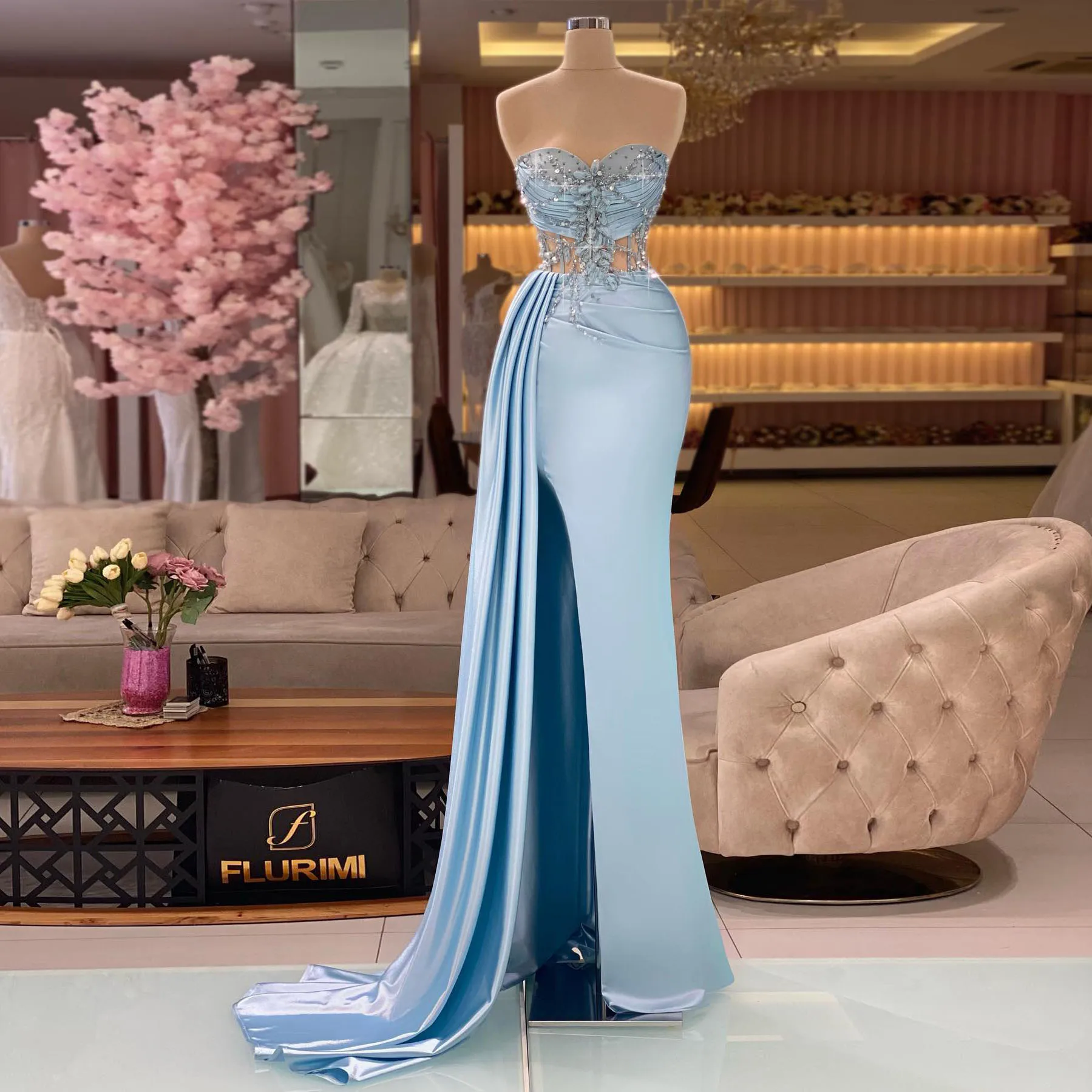 

Delicate Blue Straight Party Dresses Sleeveless High Side Slit Floor Length Pleated Sequined Crystals Prom Evening Gowns