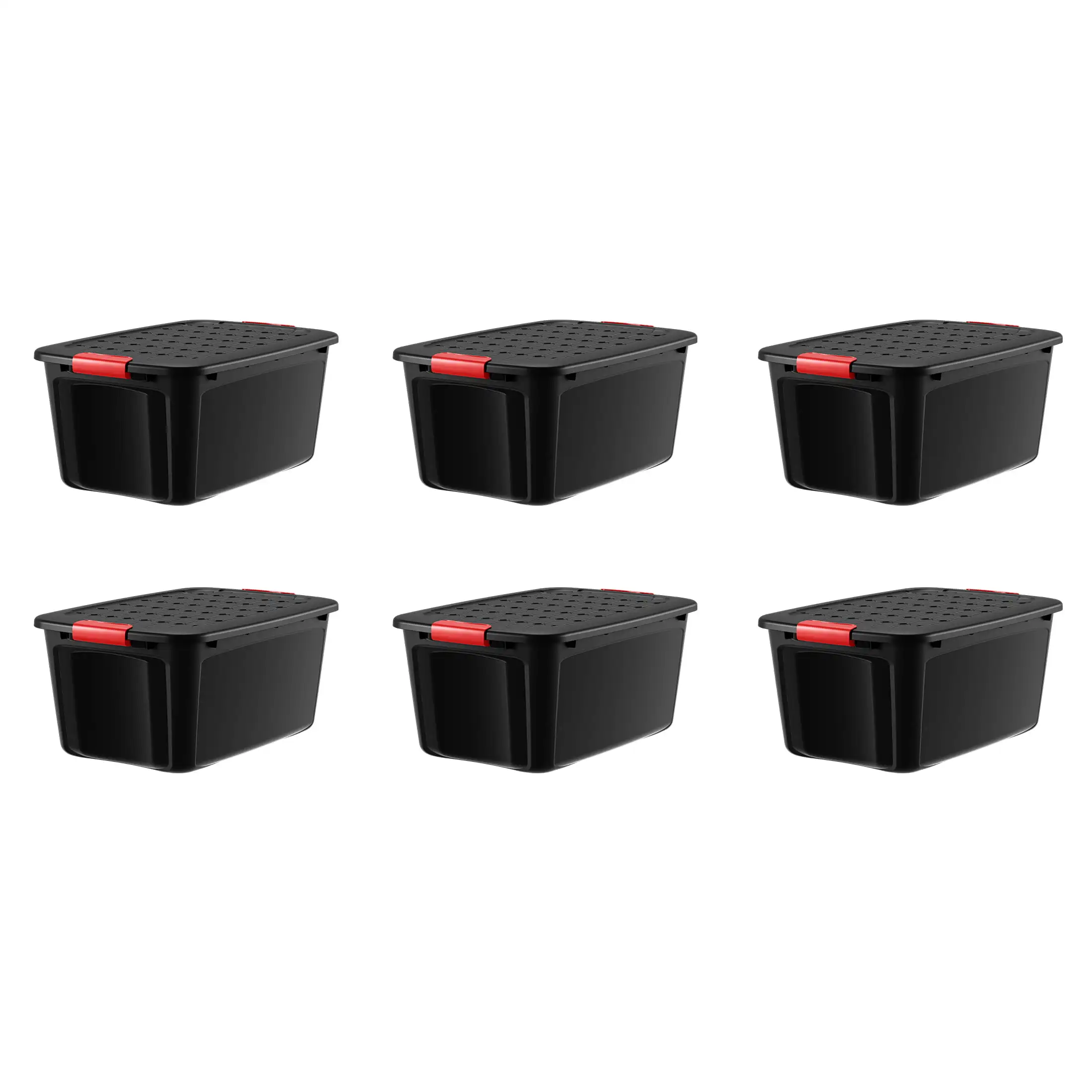 6-Pack 15 Gallon Black Plastic Red Latches Lid Tote Storage Boxes Organizer Containers Baskets Set of 6 for Home Bedroom