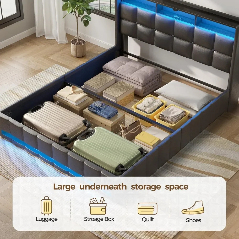 NEW-Rolanstar Bed Frame Twin Size with Lift Up Storage, Charging Station & LED Lights, Upholstered Storage Headboard, Heavy Duty