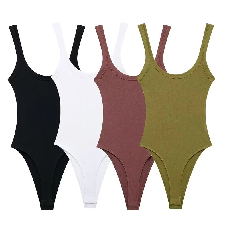 Skinny Ribbed Bodysuits for Women  O Neck  Straps  Snap-Button Female Playsuits Sexy Fashion