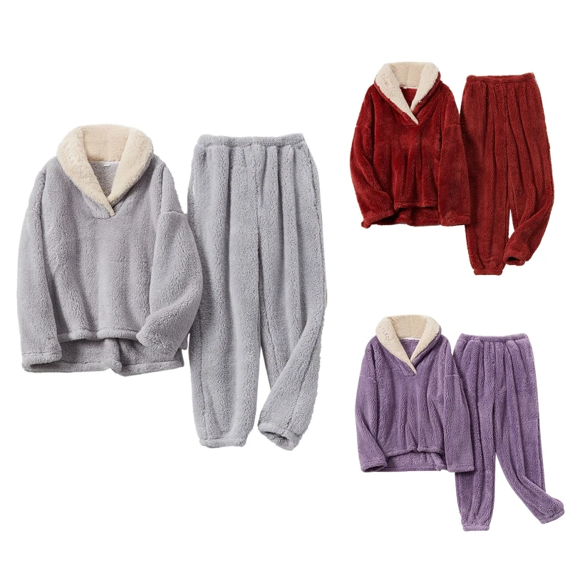 

Winter Warm Women Flannel Pajamas Set Fuzzy Lapel Collar Pullover Top and Pants