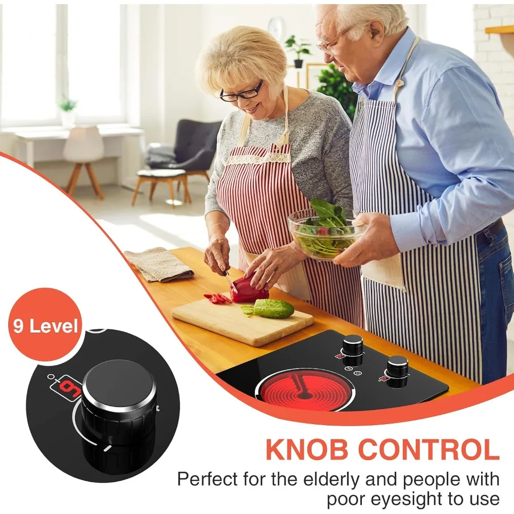 110v Electric Cooktop 2 Burners, 12'' Electric Stove Top with Plug in, Knob Control Countertop & Built-in Ceramic Cooktop