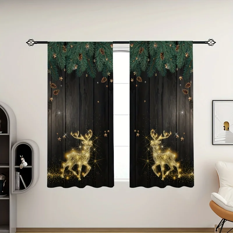 

2panels Christmas Tree Printed Curtains Starlight Elk Black Wood Grain Printed Translucent Sunscreen Curtains Holiday Decor 2024