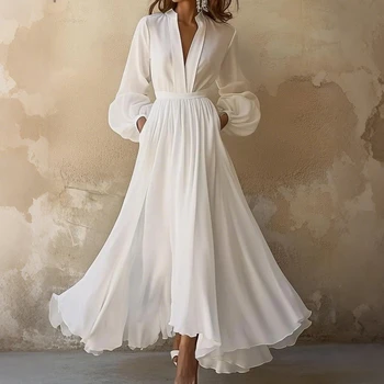 Modigirl Abito lungo elegante in chiffon da donna 2026 Primavera scollo a V maniche a lanterna Abiti con gonna svasata per la cena Indossare la data di nozze