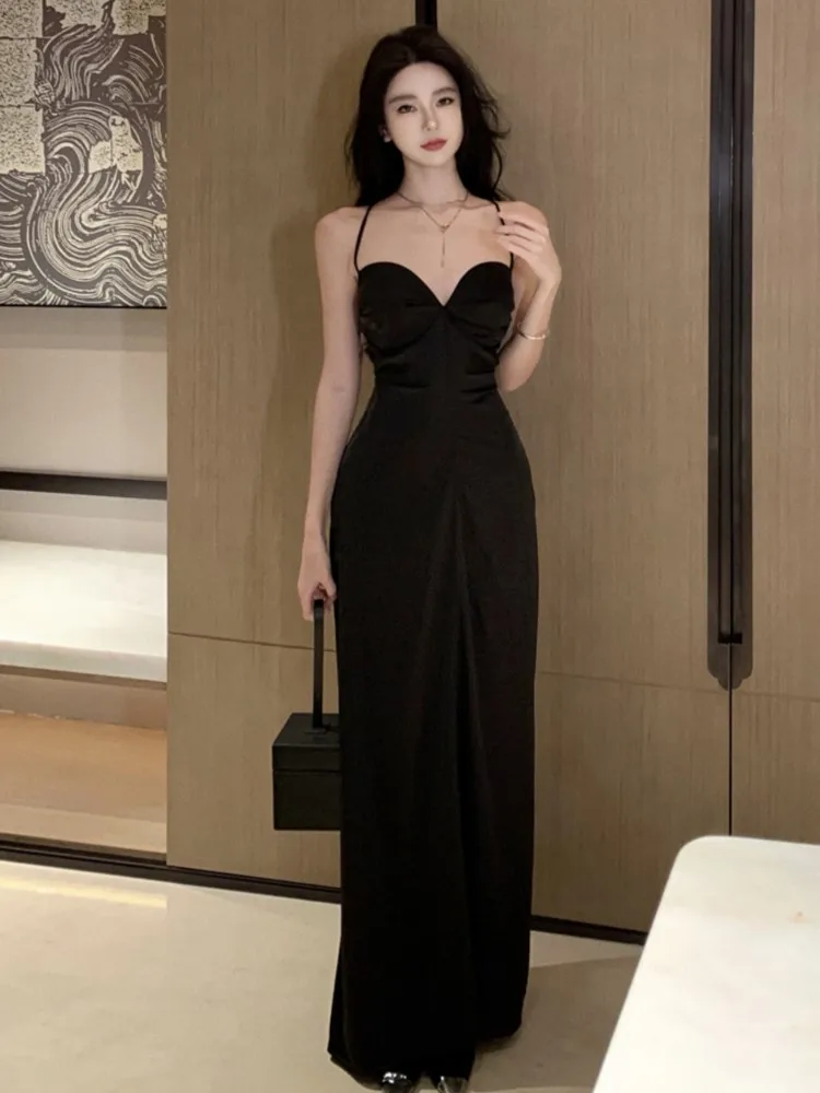 

Сексуальное черное длинное платье дама V воротник обнаженная спина элегантный подтяжка платье модный вечер облегающее платье весна осень