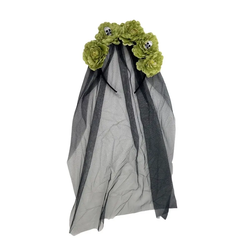 Langer Bandschleier, Halloween-Haarband, Mädchentag der Toten, schwarzer Schleier, Blumen-Kopfschmuck, florale rote Rose, Gothic-Kopf-Reifen-Kostüm – Detail 2