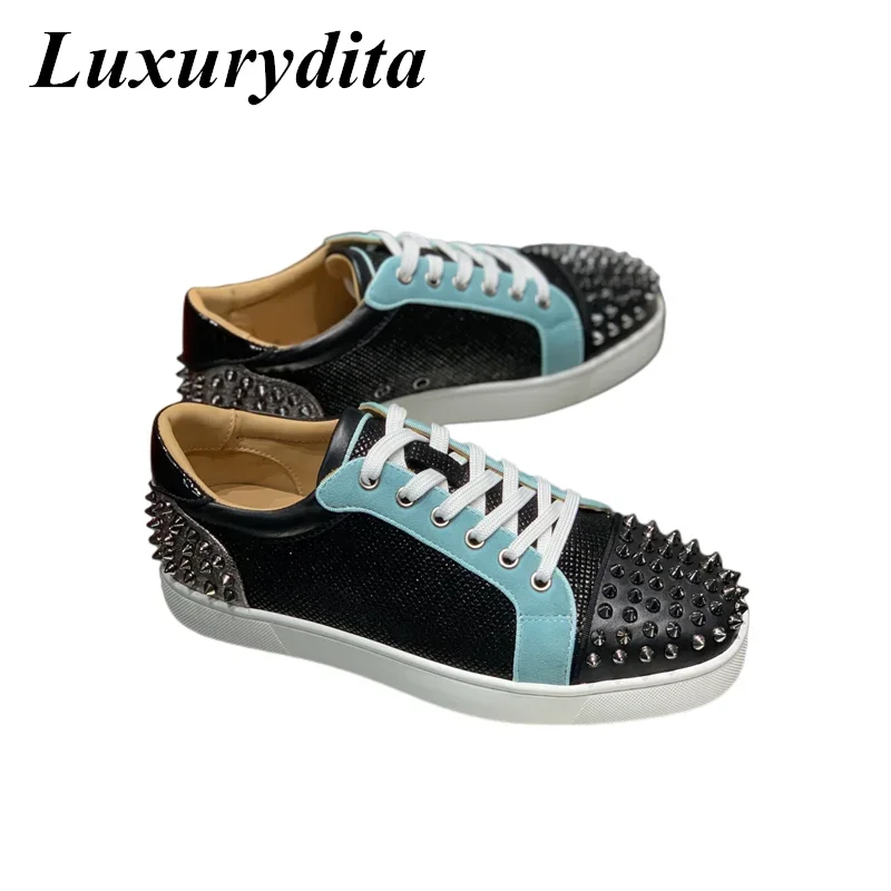 LUXURYDITA Designer Men Casual Sneakers Real Leather Rivet Luxury Womens Tennis Shoes 35-47 Fashion Unisex loafers HJ1503