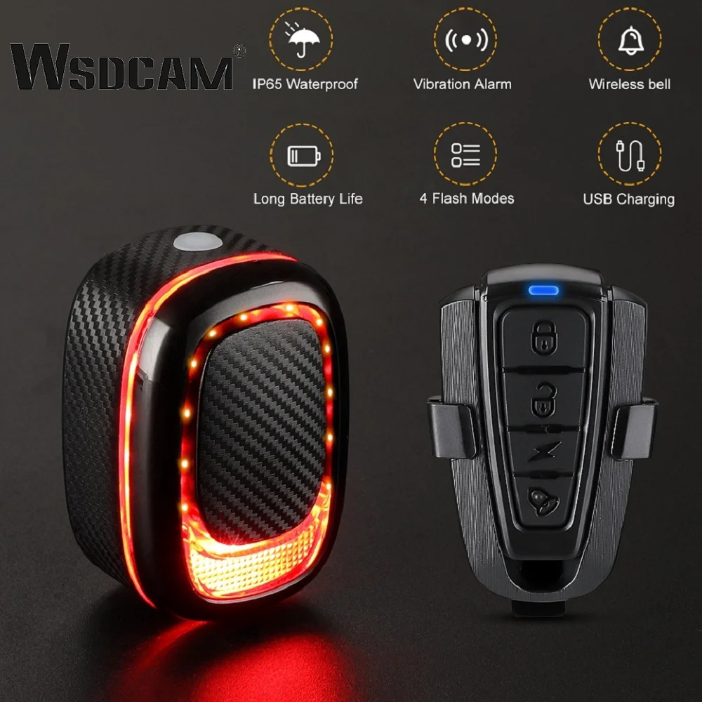 Wsdcam Anti-Theft Bike Alarm Remote Control Bike Taillight Bicycle Vibration Alarm Auto Brake Sensing Light Waterproof IP65 bicycle alarm bicycle rear light