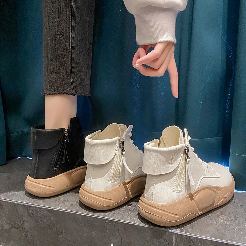 Women Platform Ankle Boots Fashion Casual High Top Sneakers Lace Up Side Zip Anti-slip Hiking Shoes Zapatilla Deportiva Mujer