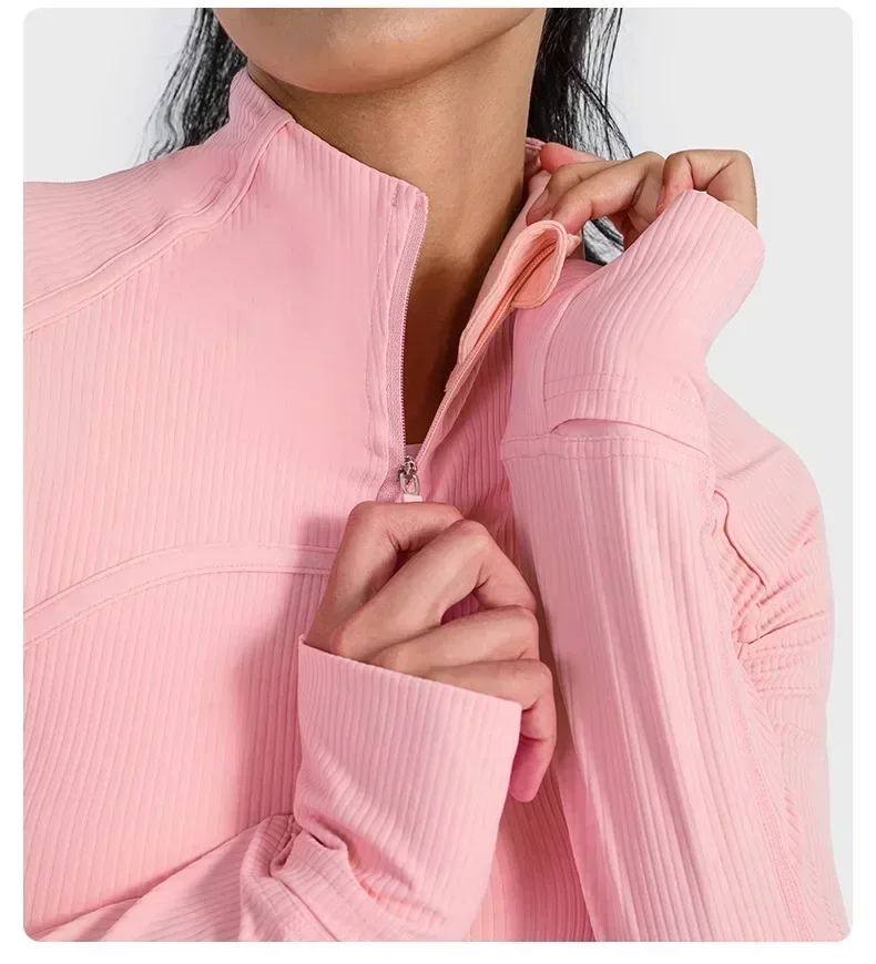 Lemon Women Ribbed Cropped Define Stand Neck Jacket Lightweight Breathable High Elastic Fitness Yoga Coat Tight utdoor Sport Top