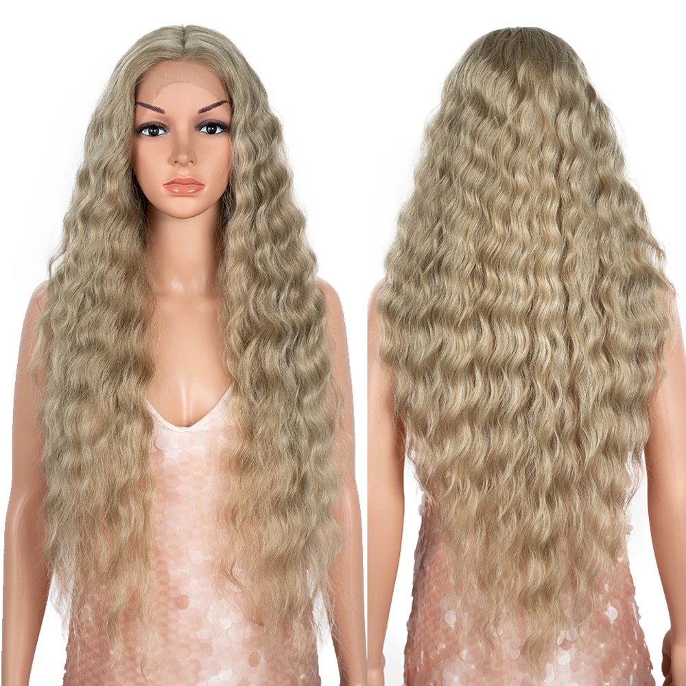 Lace Front Wig Synthetic Hair Wigs Synthetic Baby Hair Wig Long Wavy 30" Hair Lace for Women Front Ombre Blonde Cosplay