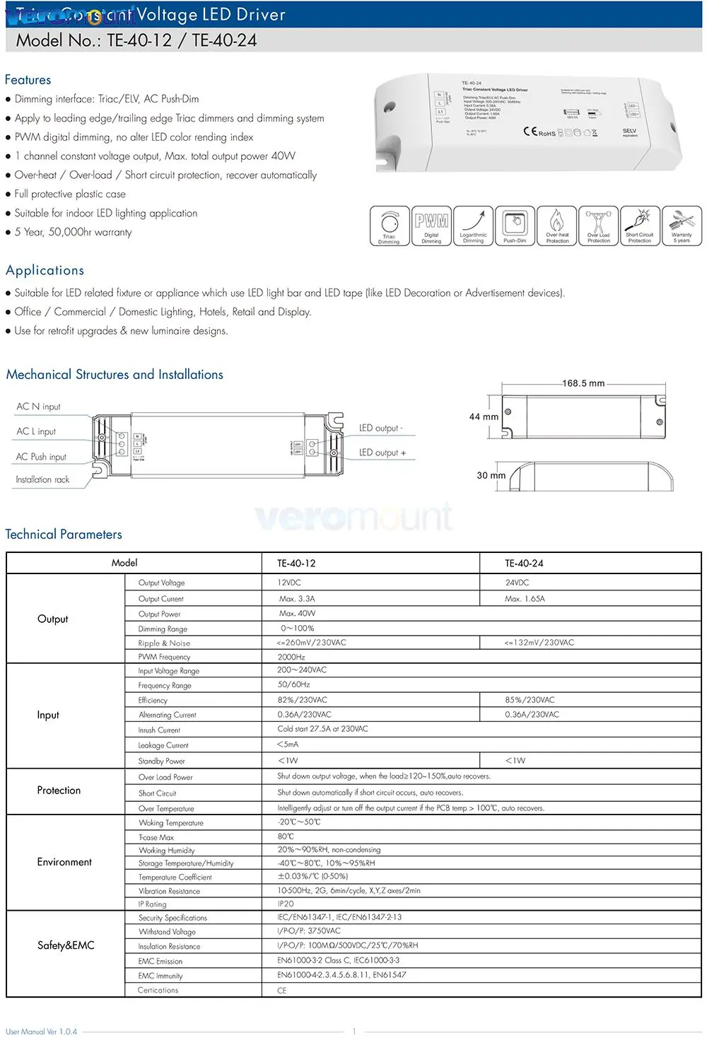 Driver, Fita LED luz, tensão constante, 1CH,