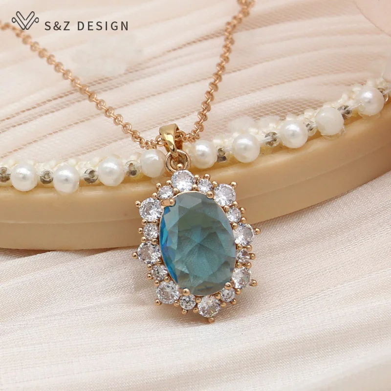 S&Z DESIGN New Fashion Egg Shape Oval Cubic Zirconia Pendant Necklace For Women  Wedding Elegant Champagne Gold Color Jewelry