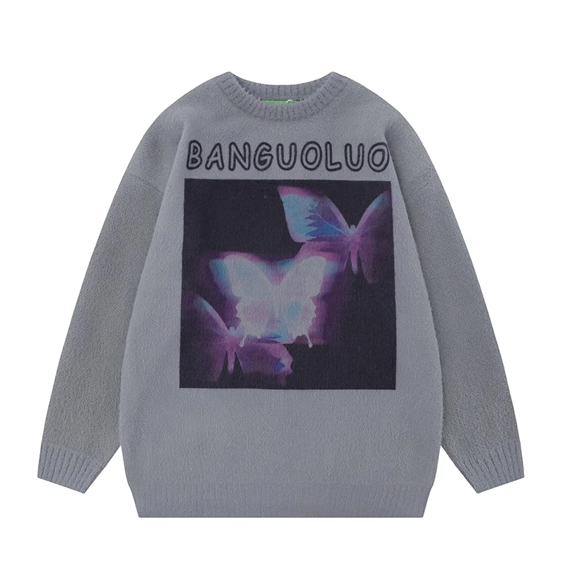 Pullover Long Sleeve Men's Conventional Wool Butterfly Print Round Neck  Retro Loose Autumn and Winter Couple Top Casual Sweater