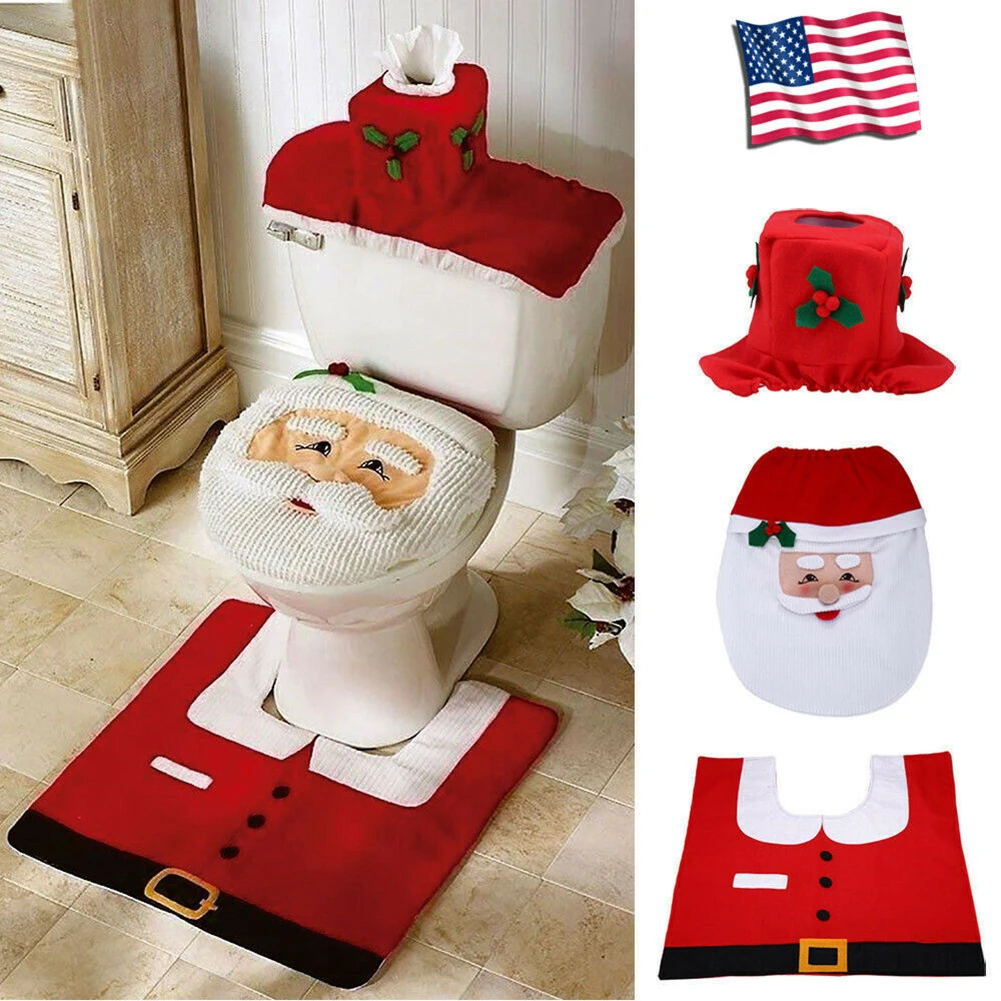 Christmas Toilet Seat Cover And Rug Set - 3-Piece Bathroom Decor With Toilet Mat & Lid Cover For Holiday Home Decorating
