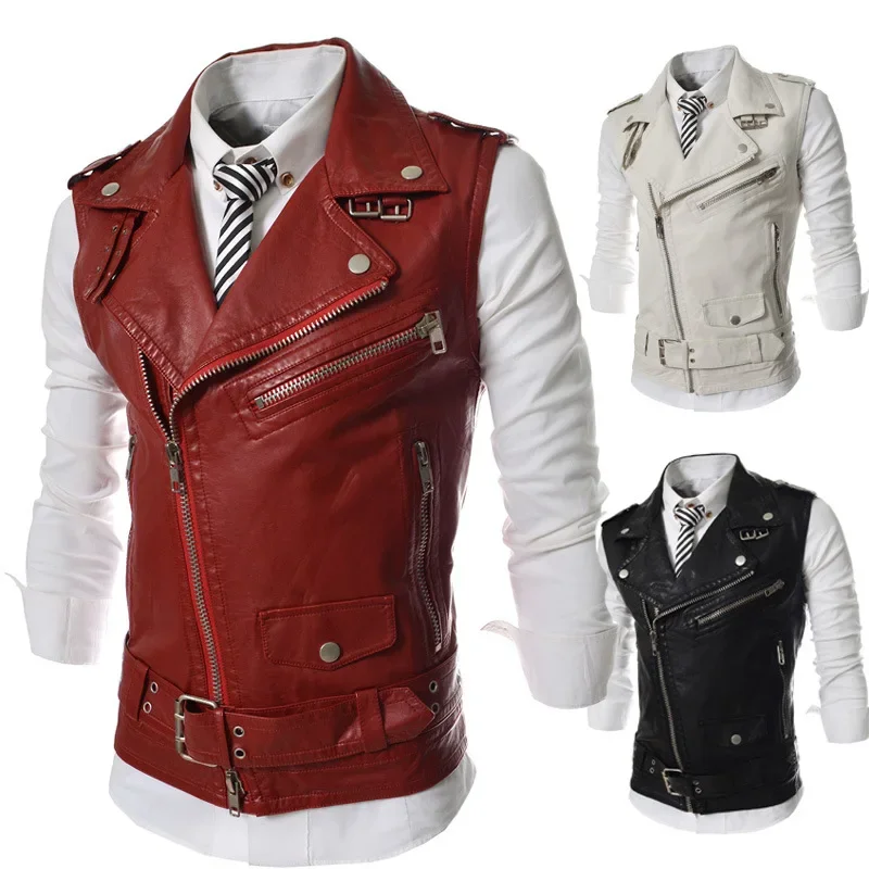 

2023 Spring and Autumn Fashion Personality Duo Pull Chain Leather Vest Men's Slim Fit Large Polo Neck Short Leather Vest