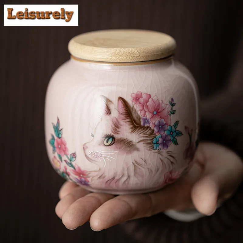Pink Ru Kiln Flower Cat Tea Box Organizer Moisture-proof Vintage Storage Tank Containers Tea Caddy Cafes Accessories Decoration