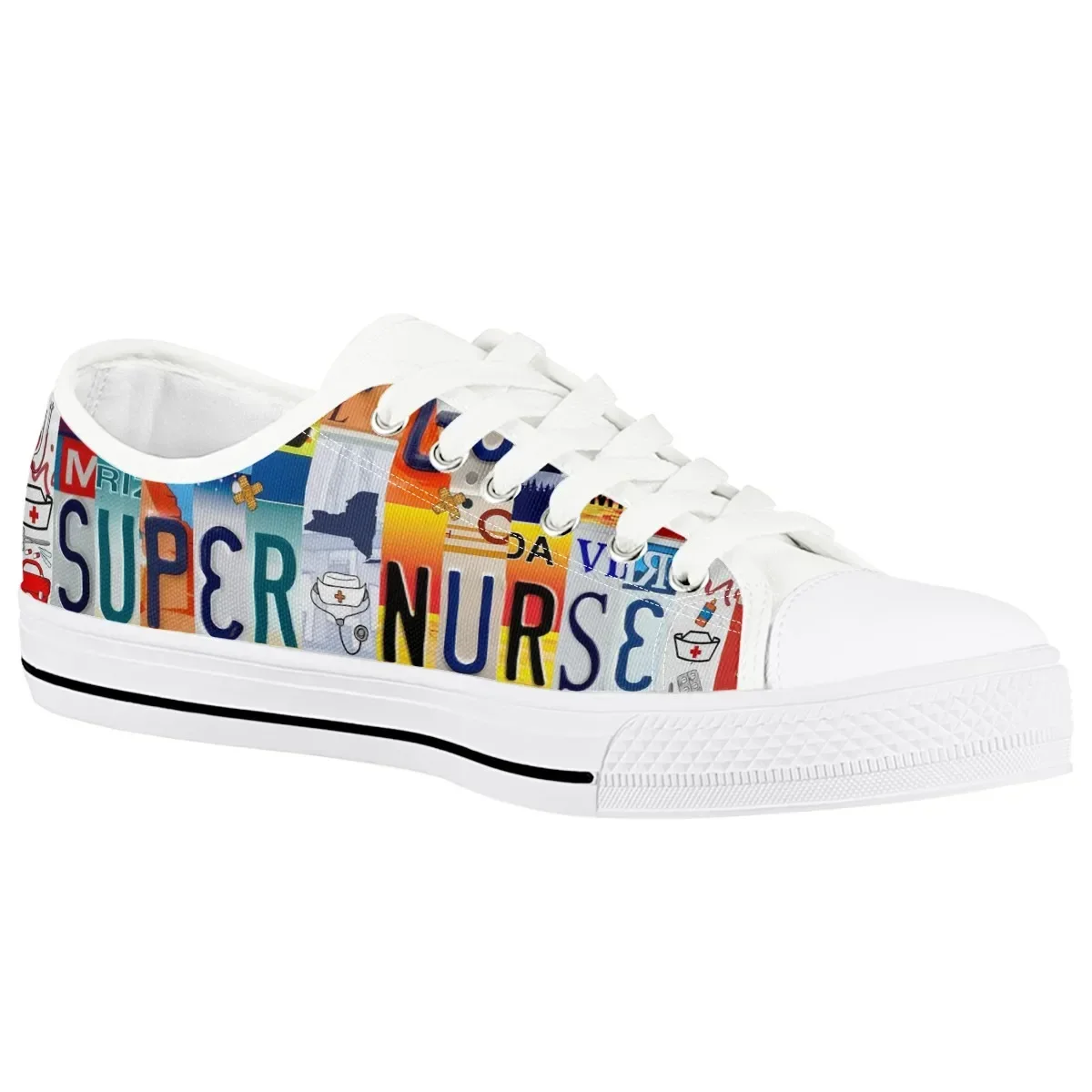 License Plate Super Nurse Shoes Ladies Lace-up Casual Shoes Breathable Walking Canvas Shoes New Style Women Vulcanized Flat