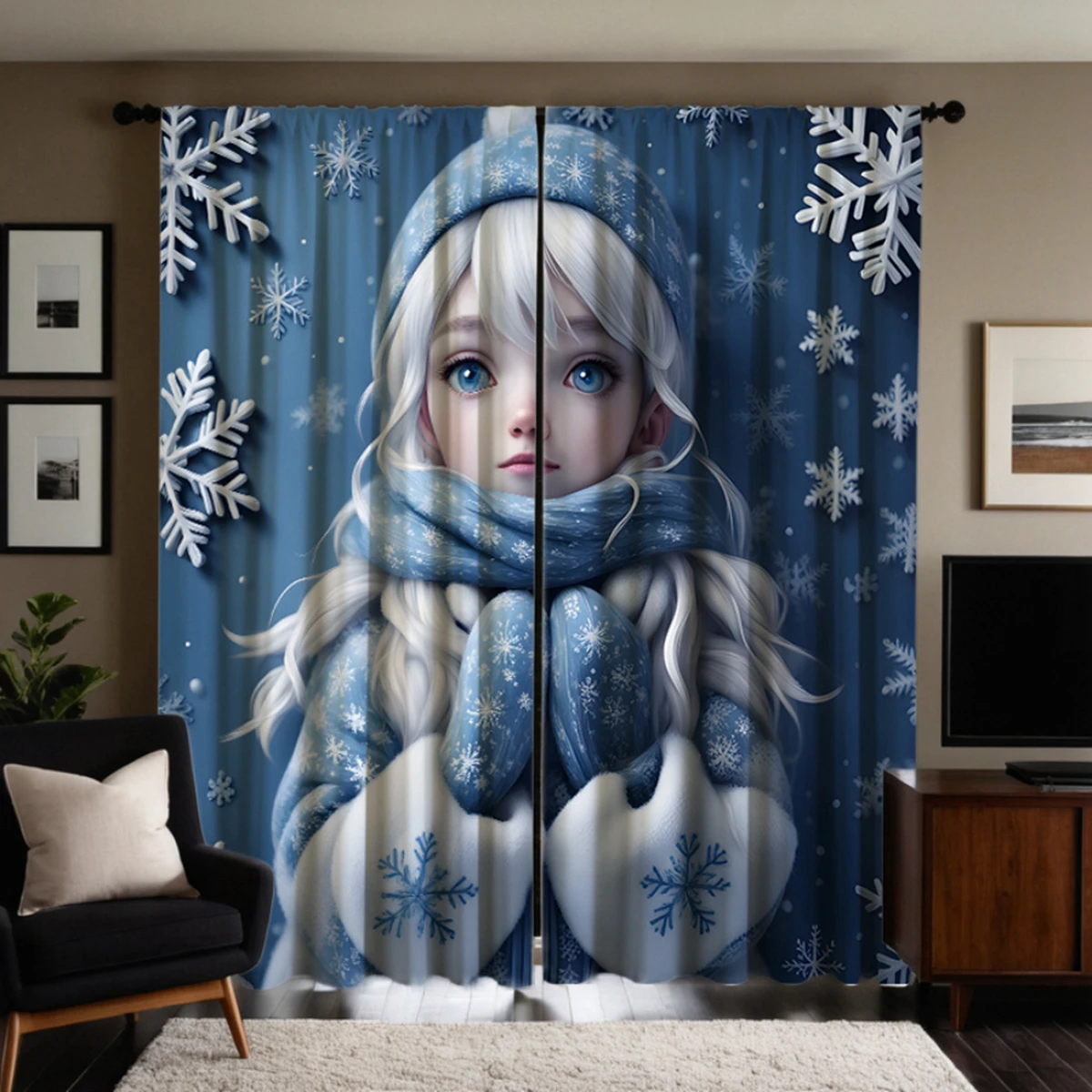 2pcs  HD Frozen Girl Decorative curtain Blue tie digital printed curtain Home Decoration style Decoration living room bedroom 5