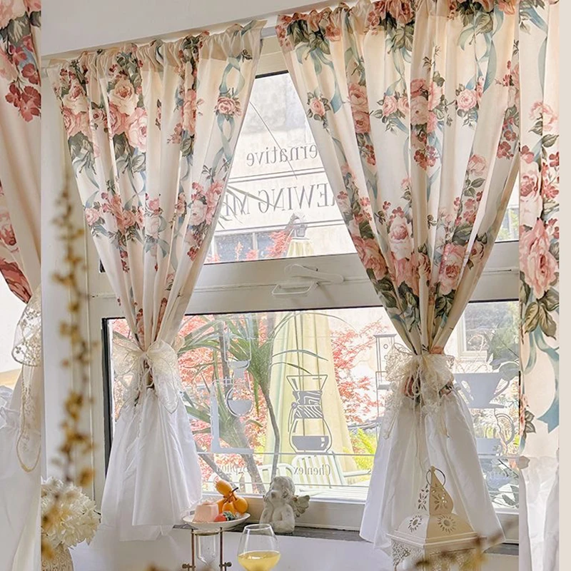 French Romantic Flowers Curtains Cloth For Living Room Lace Warp Ruffled Rose Tulle Curtains for Kitchen #A542 6