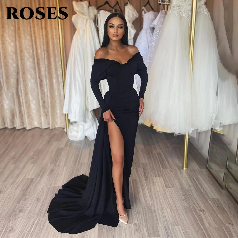 

ROSES Off The Shoulder Charming Black Prom Dress Gown Pleat Party Dress Court Train Evening Gown Long Sleeves vestidos de noche