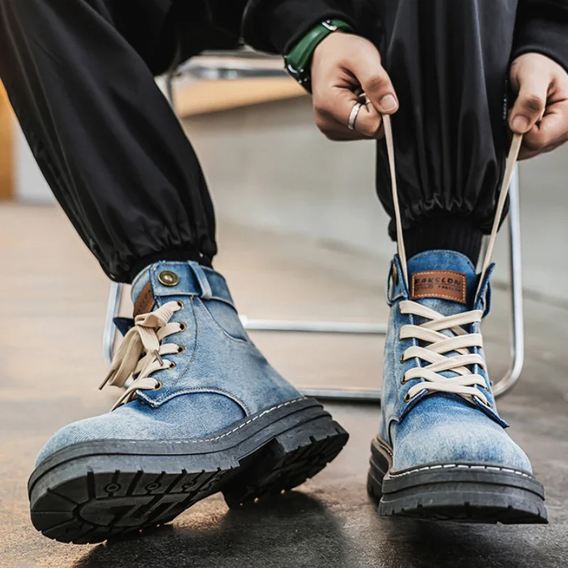 Trend Men's Platform Denim Boots High Quality Men Tooling Boots
