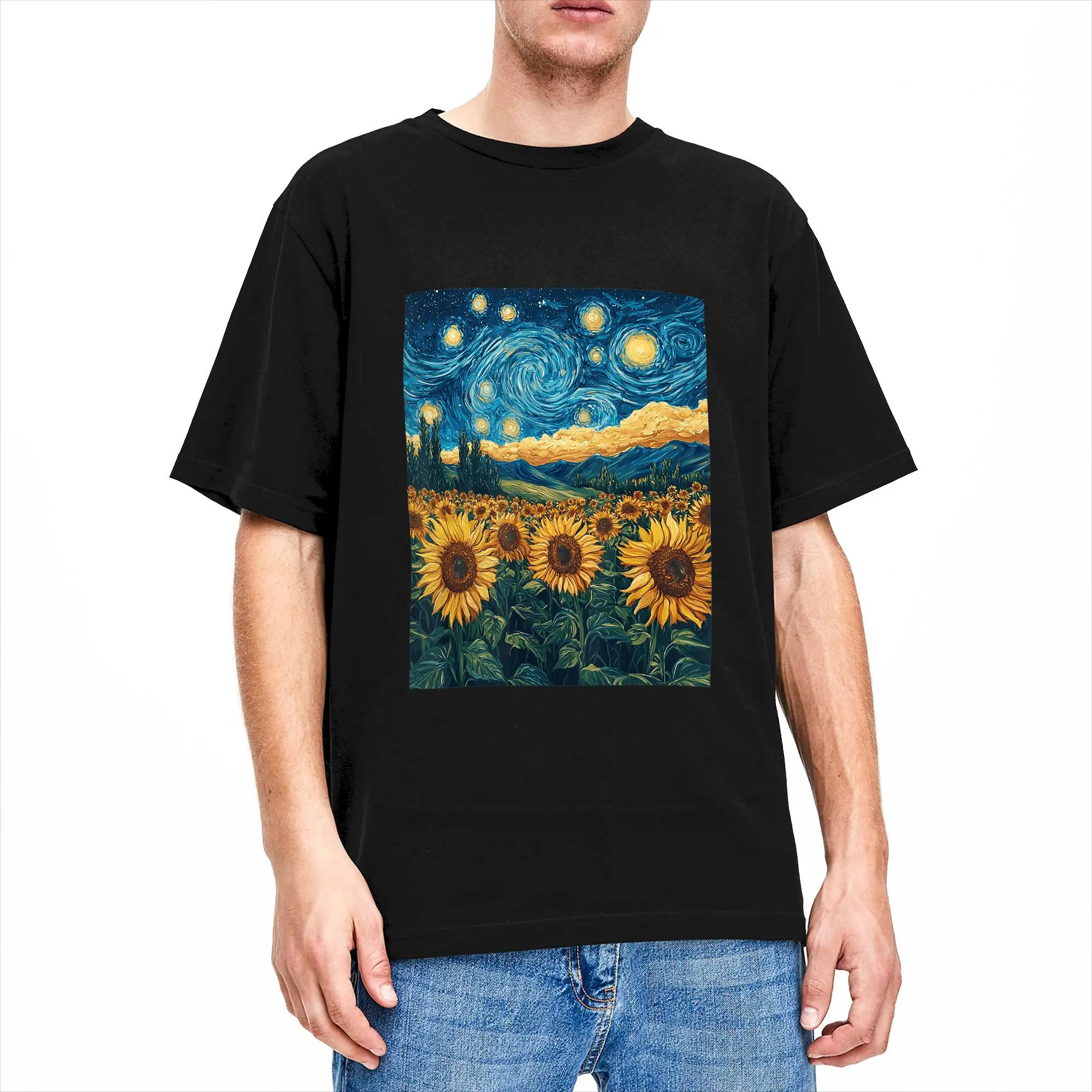 Van Gogh Starry Night Sunflower Graphic Vintage Cotton T-Shirt