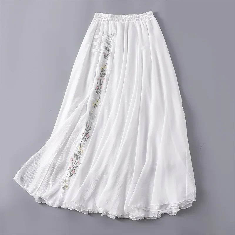 

Vintage Skirts Womens 2024 New Arrival White Chiffon Embroidery Retro A-Line Mid Length Female Ethnic Boho Chic Skirt 12524