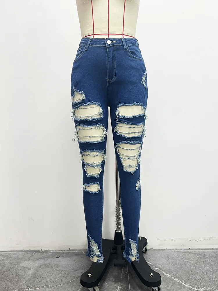 Women's Jeans Popular New Women Street High Waist Large Area Ripped Skinny Long Jeans