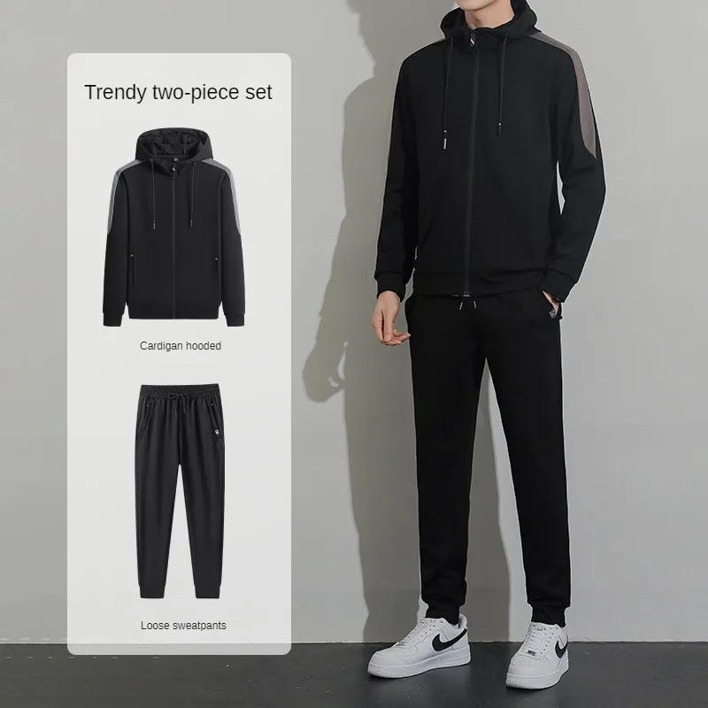 2024Spring and Autumn New Men's Two piece Casual Loose Long sleeved Pants Hooded Cardigan Casual Shirt+Outdoor Running Pants Set