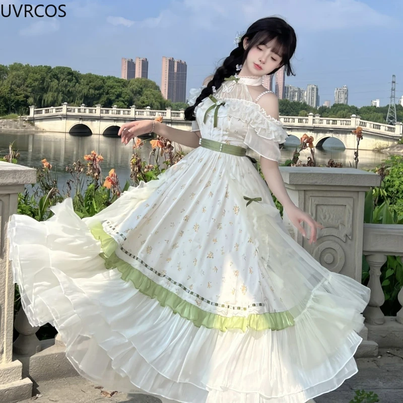 Victorian Vintage Lolita OP Dress Women Bow Ruffles Off Shoulder floral long Party Dress lolita dress,lolita cosplay costumes