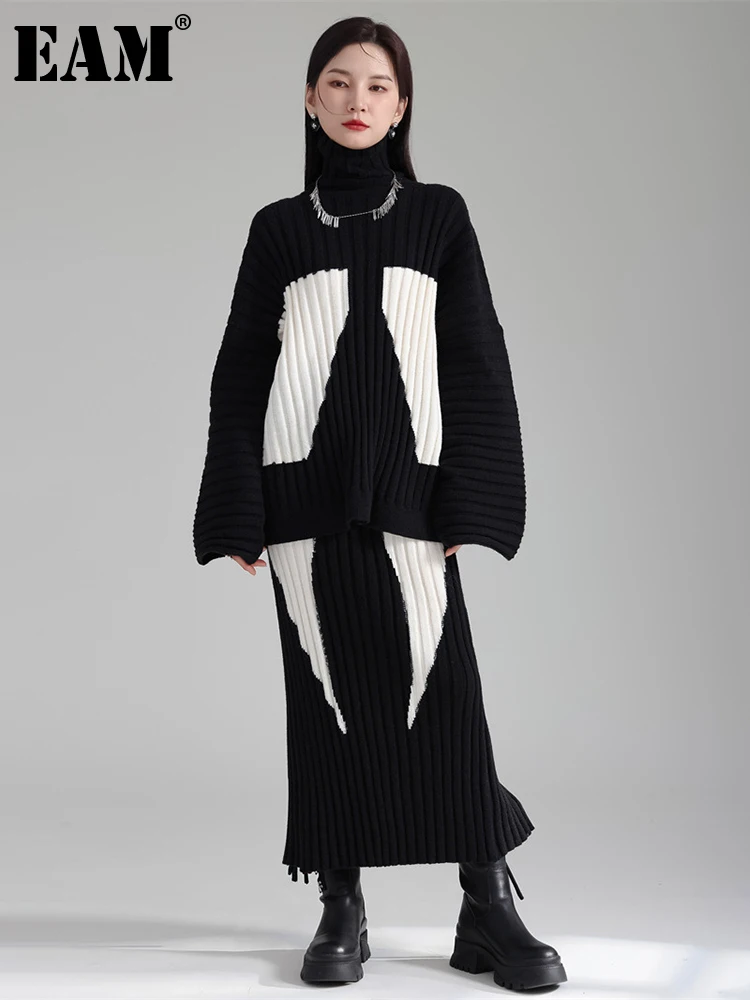 

[EAM] Color-block Knitting Skirt 2 Pieces Suit New Turtleneck Long Sleeve Black Loose Women Fashion Spring Autumn 2024 1DH3310