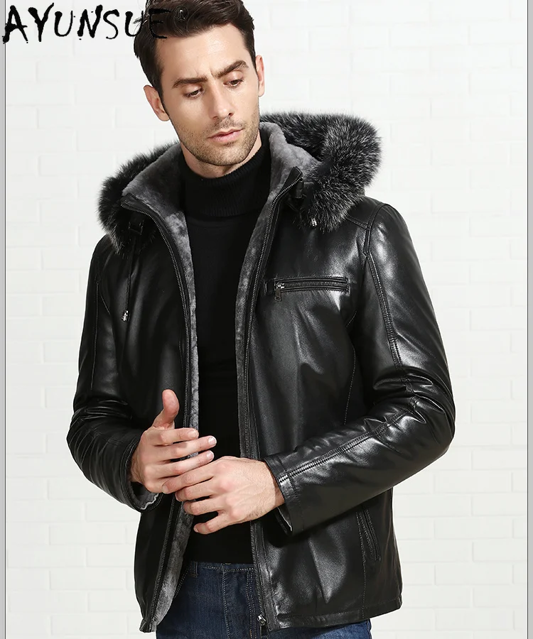 

Hooded Big Fox Fur Collar Wool Liner Coat Male Winter 2021 Genuine Goat Skin Leather Jacket Men Casaco Masculino Gxy826