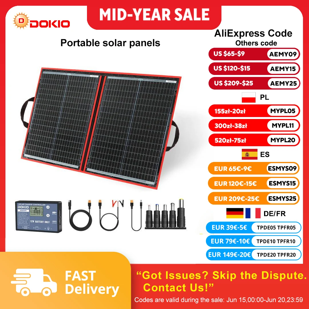 Dokio-Panneau solaire portable et pliable, 18V, 100/160/200/300 W, avec contrôleur 12V pour charger la batterie, adapté au camping 1 Dokio-Panneau solaire portable et pliable, 18V, 100/160/200/300 W, avec contrôleur 12V pour charger la batterie, adapté au camping 1