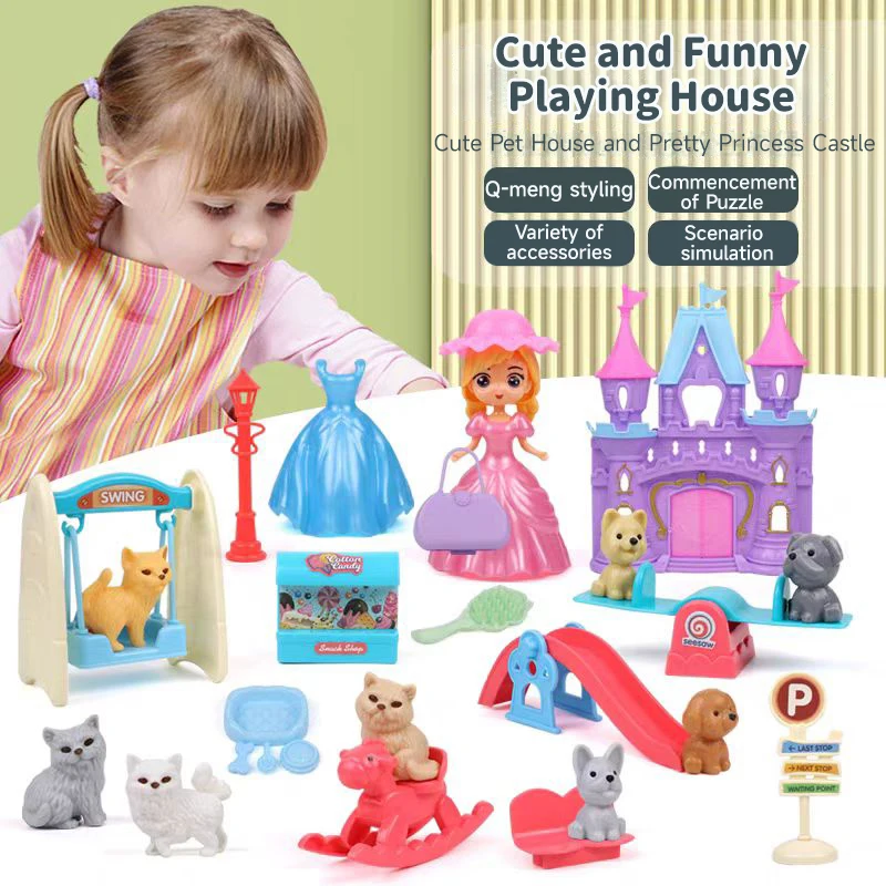 Cute Dog Pet Basket Family Toy Children Play House Games Toy Cute Mini Animal Scene Playing Toys Cat And Dog Doll Set Toys Gifts 6