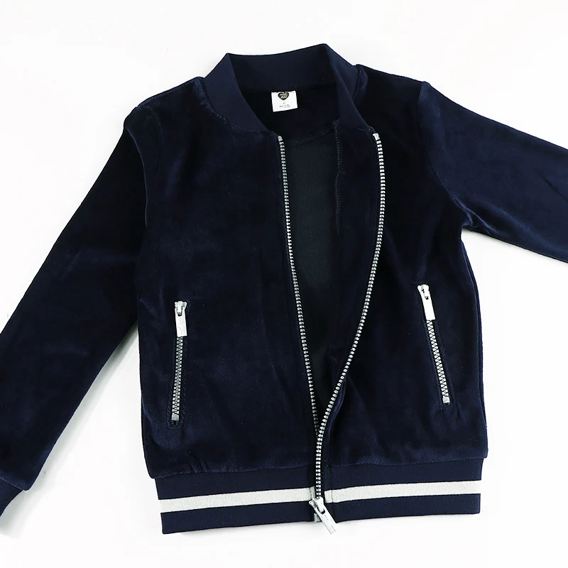 Children sweater 5t-16t blue velvet jacket school outfit front opening zipper clothes boy and girls sweatshirt both side pocket 6