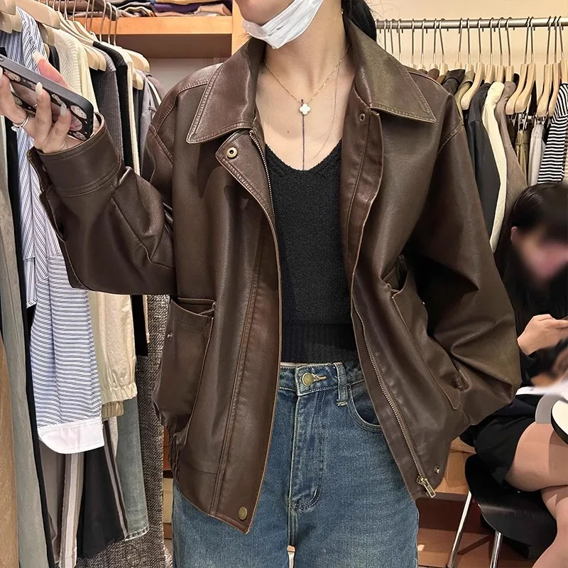 

Women's Leather Jacket Coat Autumn/Winter New Loose Retro Tops Solid Color Lapel Imitation Leather PU Coat