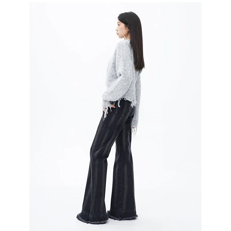 Women Black Jeans Gradient Vintage High Waisted HarajukuWide Leg Pants Fashion Y2K Style Straight Winter Female Denim Trouser