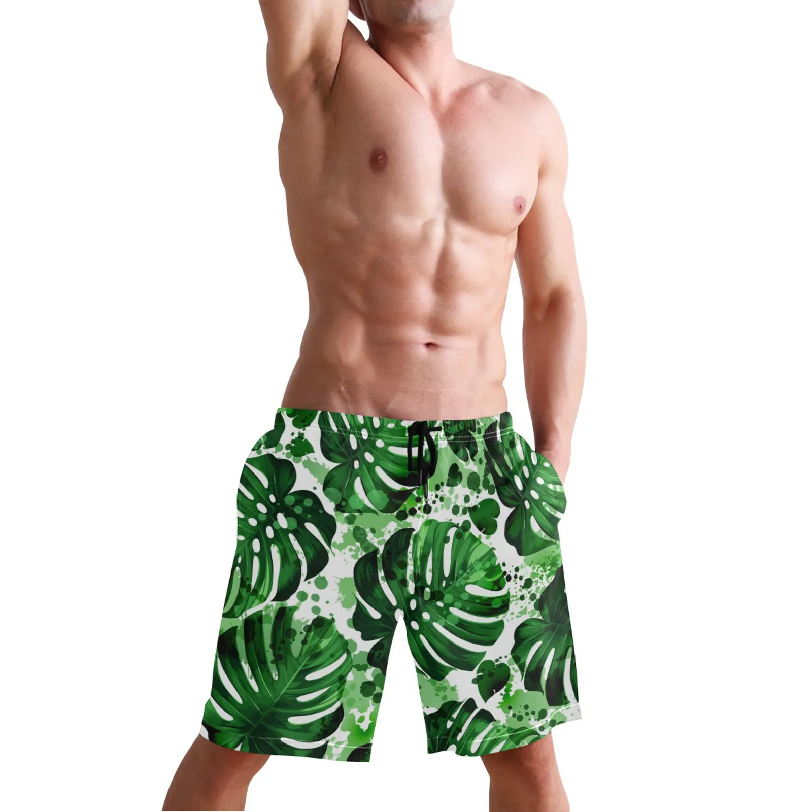 2022 Men's Summer Beach Shorts Tropical Palm Leaves Print With Pockets Casual BoardShorts Vacation Holiday Beachwear Masculina