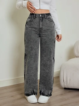 2025 autumn new women's jeans, tie-dye contrast washing, elastic waist, high waist straight jeans 1