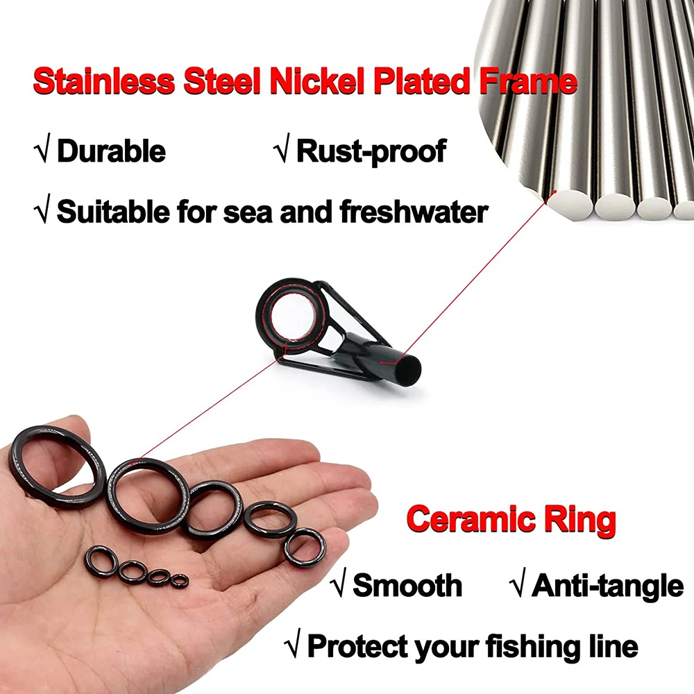 FishTrip Black Stainless Steel Fishing Rod Tip Guides With Ceramic Rings (5-Pack, 1.8mm-8mm)